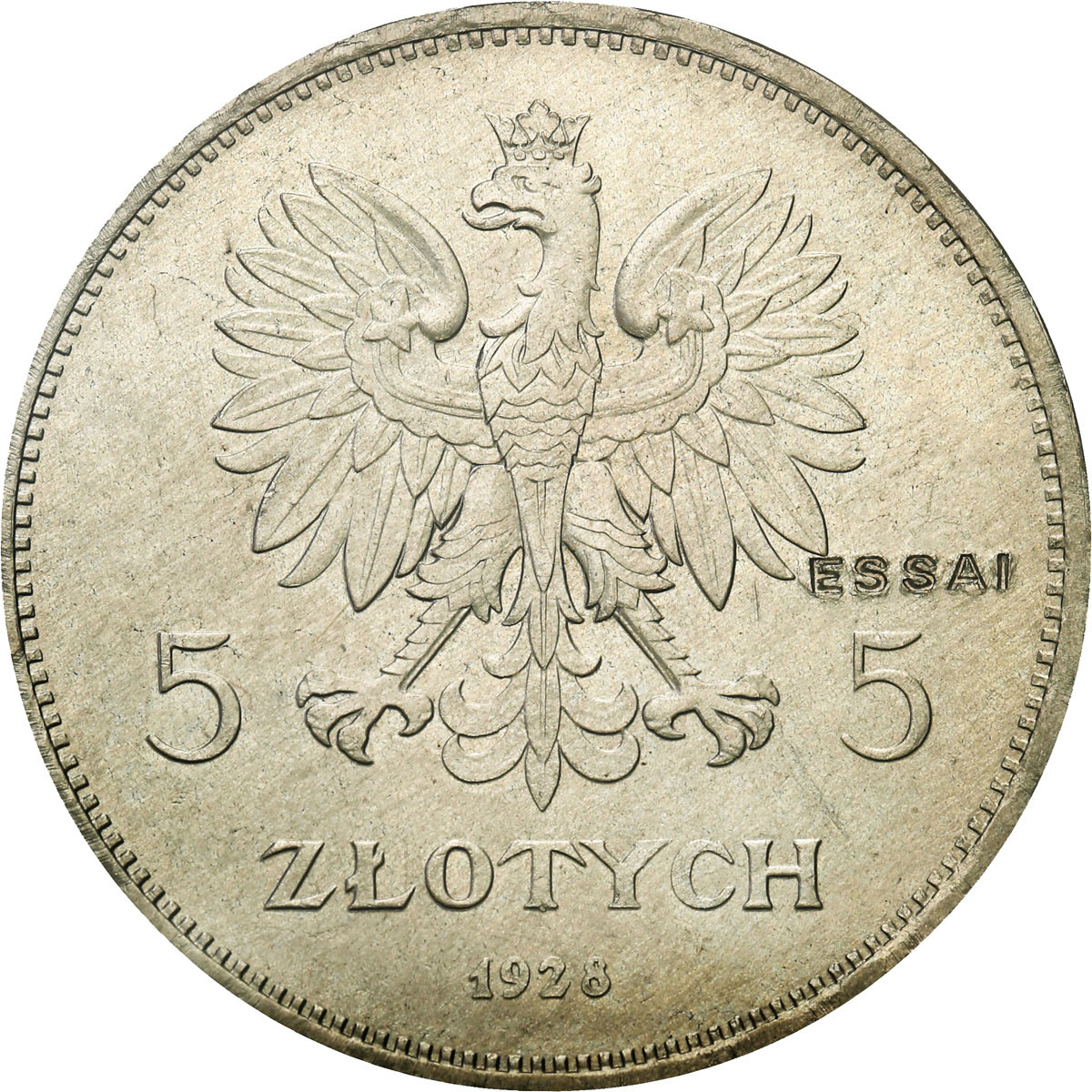 PRÓBA (ESSAI) miedzionikiel, 5 złotych 1928 Nike Nr. 26 PCGS SP64 (MAX) - NIENOTOWANA